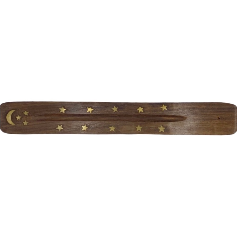 NWT Handmade Windrose Moon & Stars Brown Wood Incense Holder